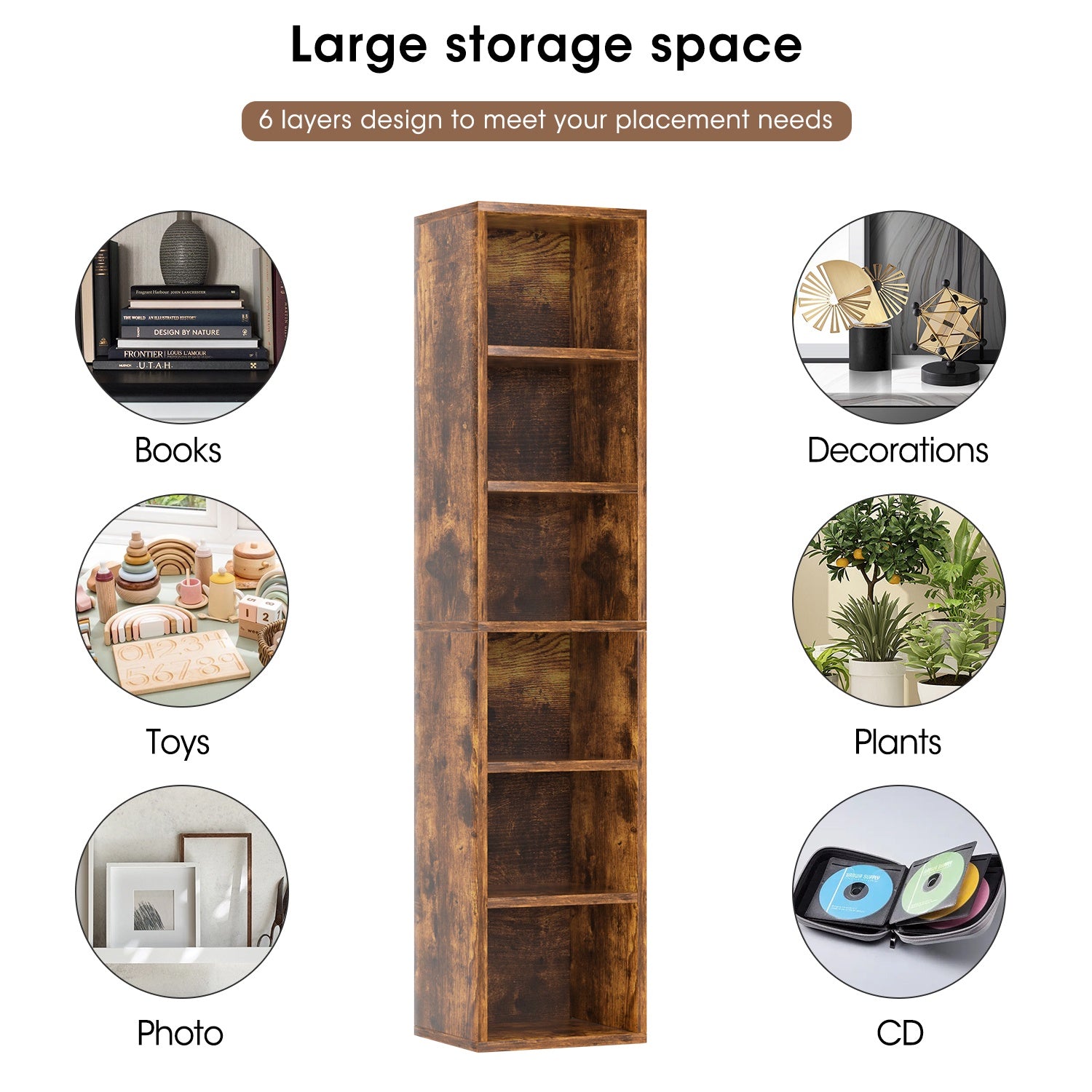 6 Tier Standard Bookcase, 71.5" Tall Wooden Storage Book Shelf for Home Office and Bedroom, Brown