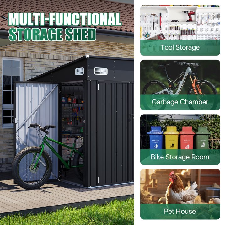 Clouddwell 10ft x 8ft Heavy-Duty Metal Storage Shed with 3 Doors, Lockable Lean-To Design, Weatherproof for Garden & Tools (Black)