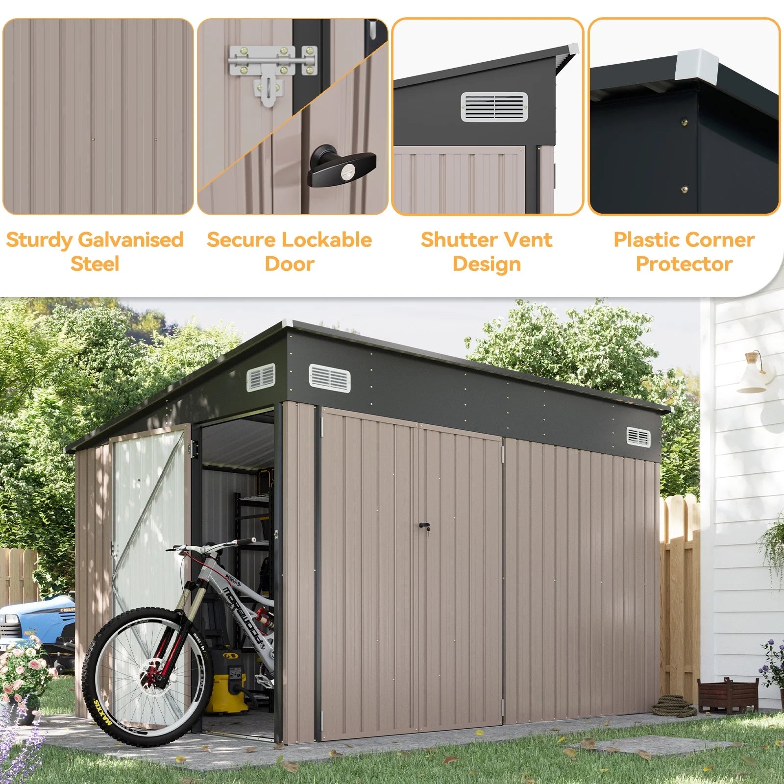 9.5'x7.5' Shed Outdoor Storage Shed with Triple Lockable Door Metal Storage