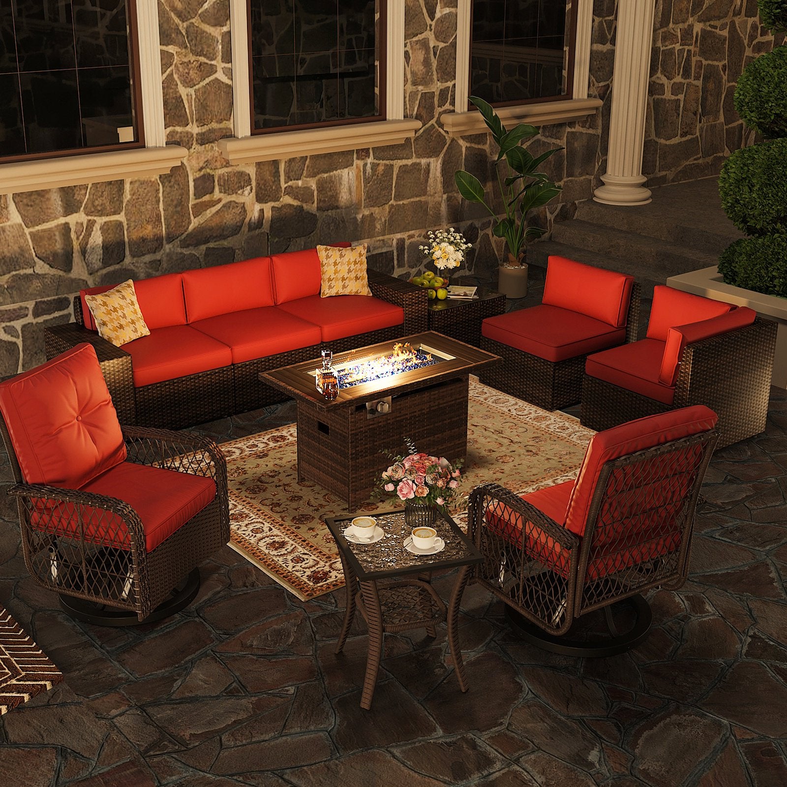 10pcs Outdoor Patio Furniture Sets with Fire Pit Table, PE Rattan Wicker Conversation Sofa Set with Swivel Chairs and Coffee Table for Lawn, Backyard,Balcony, Red