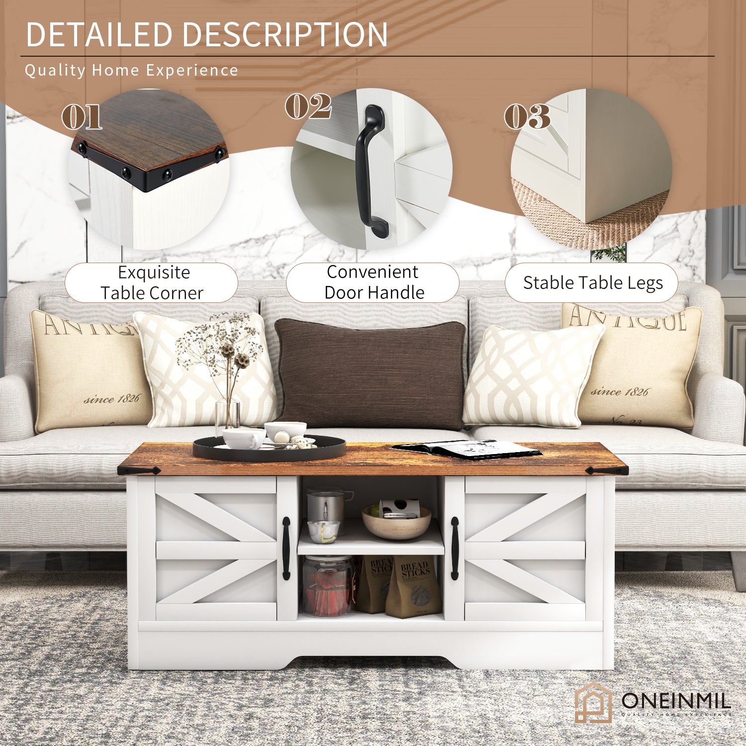 2-Piece Farmhouse Table Set Includes 58" Sliding Barn Door TV Stand and 39" Coffee Table with Large Capacity Space, Retro Brown Desktop for Living Room, Bedroom(White)