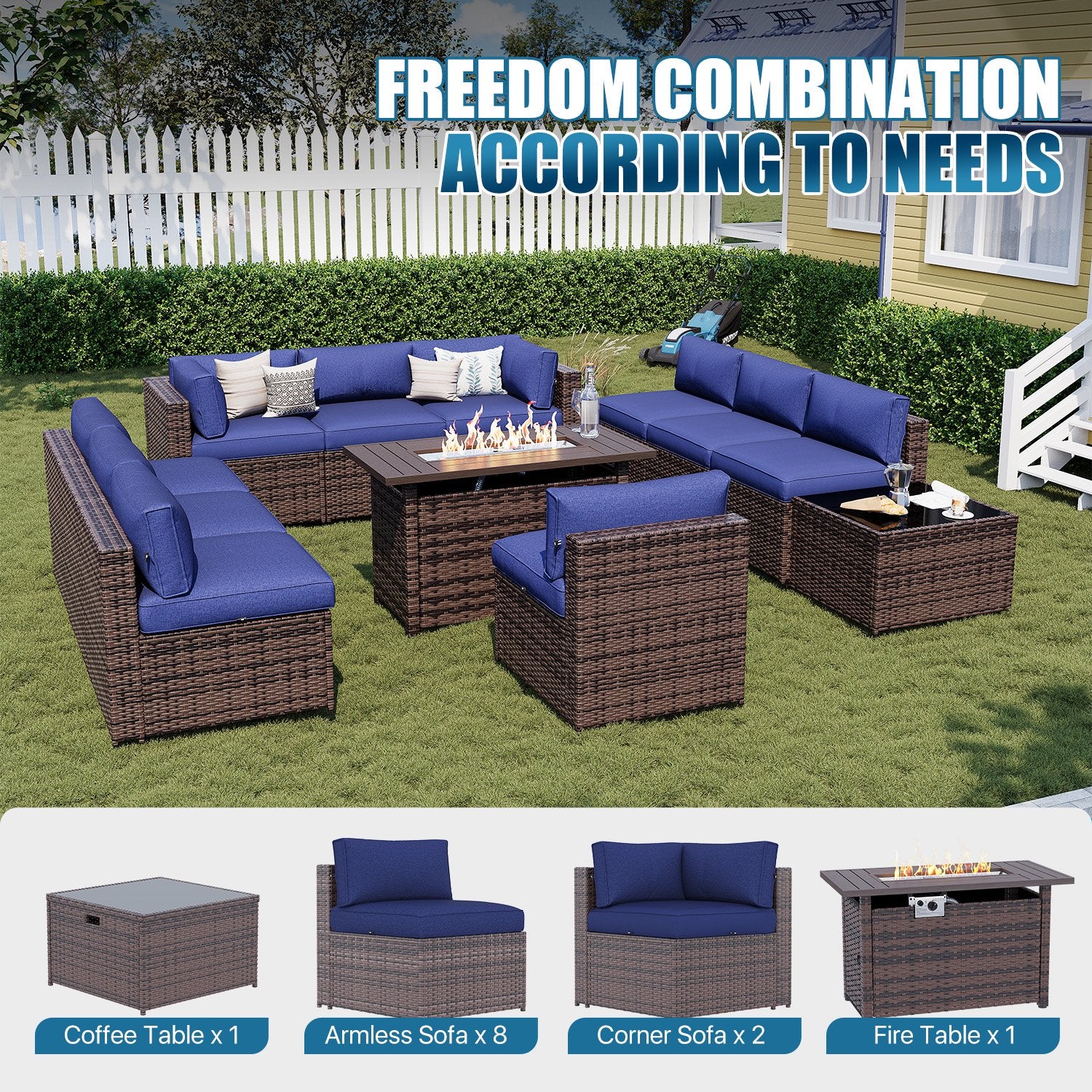 Sunmthink Patio Furniture Sets, 12-Piece Outdoor Patio Furniture with 44'' Propane Gas Firepit Table, Wicker Outdoor Conversation Set and Waterproof Cover for Backyard, Poolside, Garden