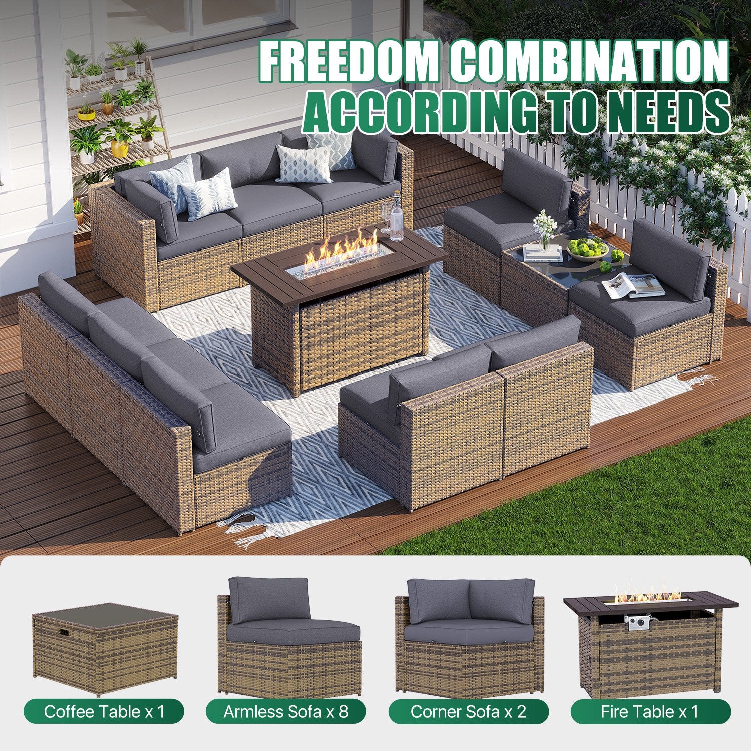 Clouddwell 12 Piece Patio Furniture Set with 44” Fire Pit Table Wicker Rattan Patio Conversation Set Outdoor Sectional Sofa Set with Coffee Table and Gray Cushions (Waterproof Cover Included)