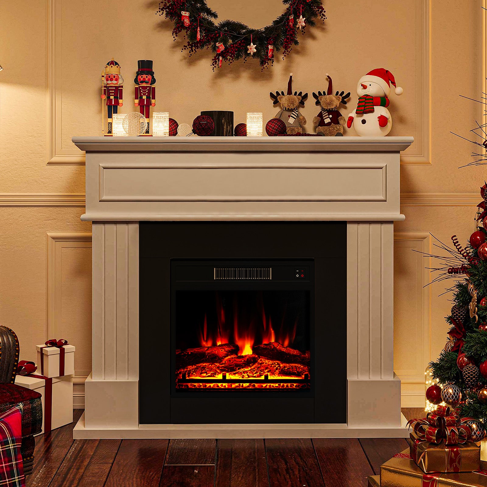 43" Electric Fireplace with Mantel, White Finish