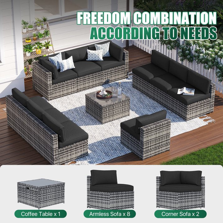 Clouddwell 11 Piece Patio Furniture Set Wicker Rattan Patio Conversation Set Outdoor Sectional Sofa Set with Coffee Table and Black Cushions(Waterproof Cover Included)