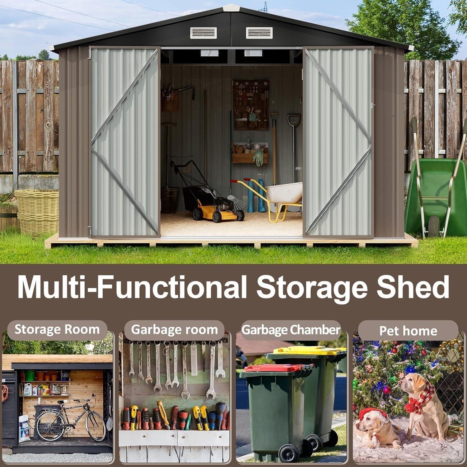 Outdoor Storage Shed, 9.7x7.6 FT, Metal Storage Shed with Door & Lock, Steel Utility Tool Shed with Base Frame for Backyard Garden Patio Lawn, Brown