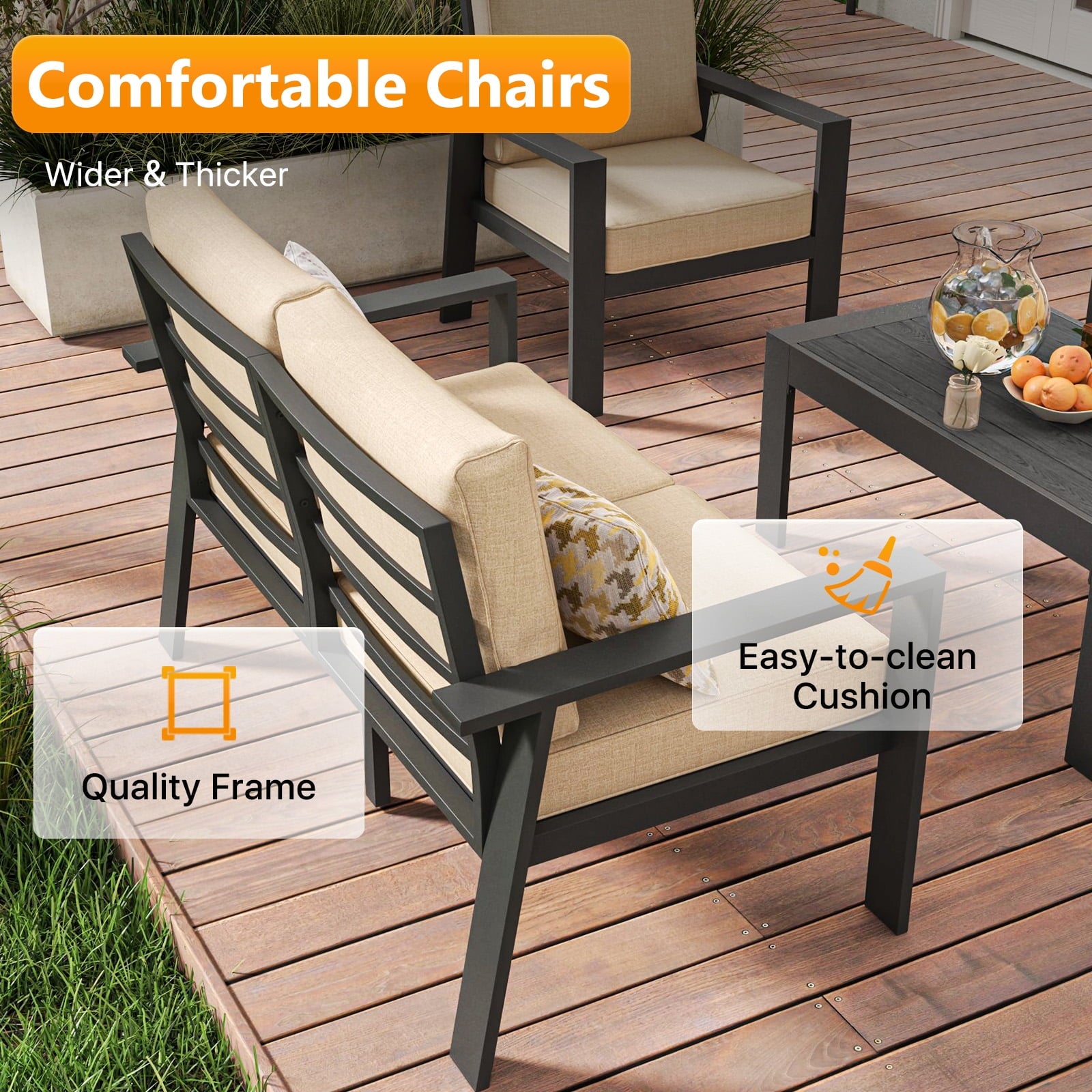 Aluminum Patio Furniture Set with Coffee Table, 5 Pieces Patio Sectional Conversation Chat Sofa Modern Seating Set-Beige(With Waterproof Cover)