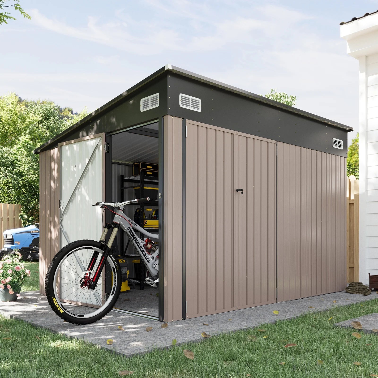 9.5'x7.5' Shed Outdoor Storage Shed with Triple Lockable Door Metal Storage