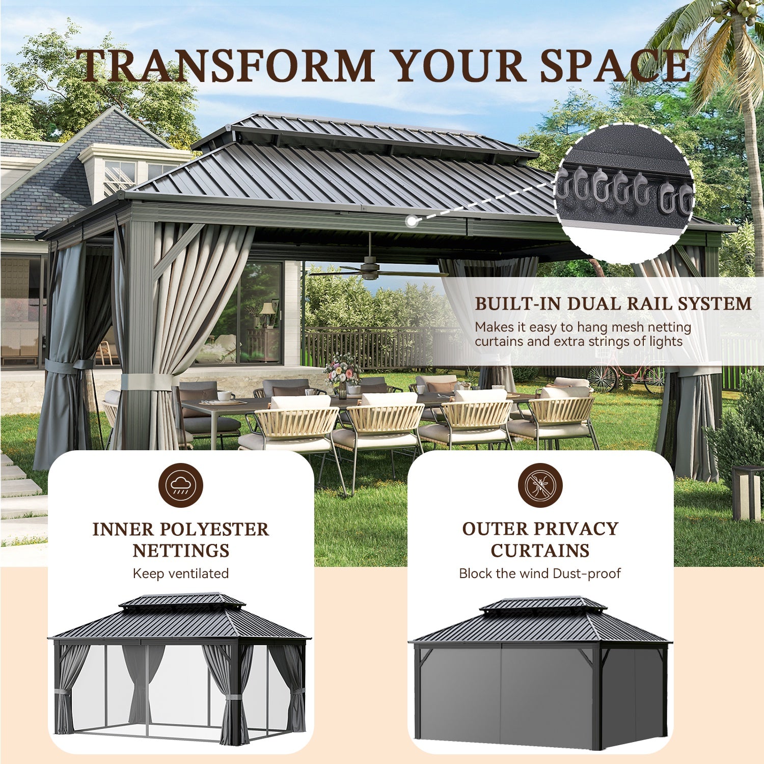 12' x 16' Outdoor Hardtop Gazebo, 2-Tier Galvanized Steel Roof Gazebo Aluminum Frame Permanent Pergolas with Netting and Curtains for Patio, Backyard, Garden, Lawns, Gray