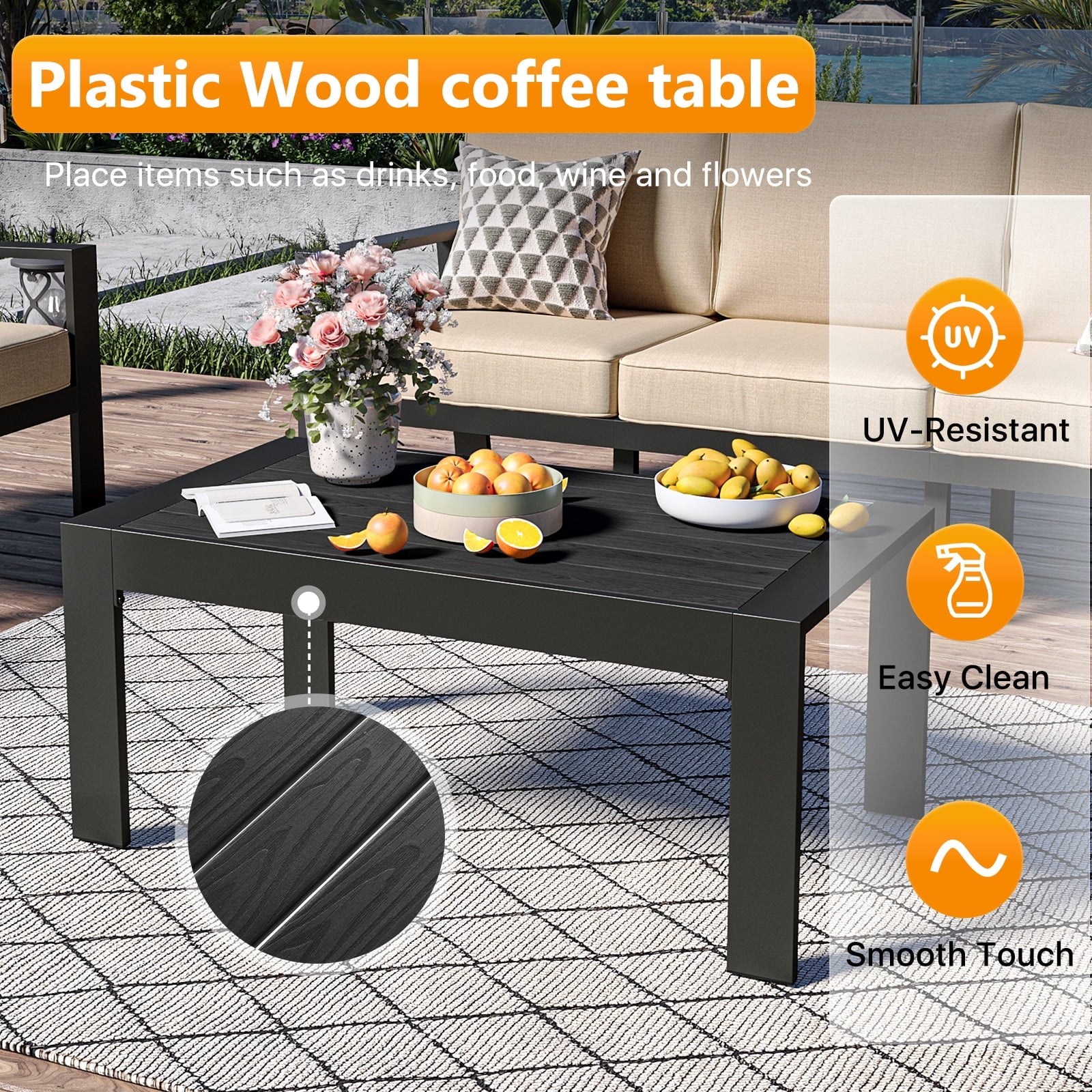 Aluminum Patio Furniture Set with Coffee Table, 5 Pieces Patio Sectional Conversation Chat Sofa Modern Seating Set-Beige(With Waterproof Cover)