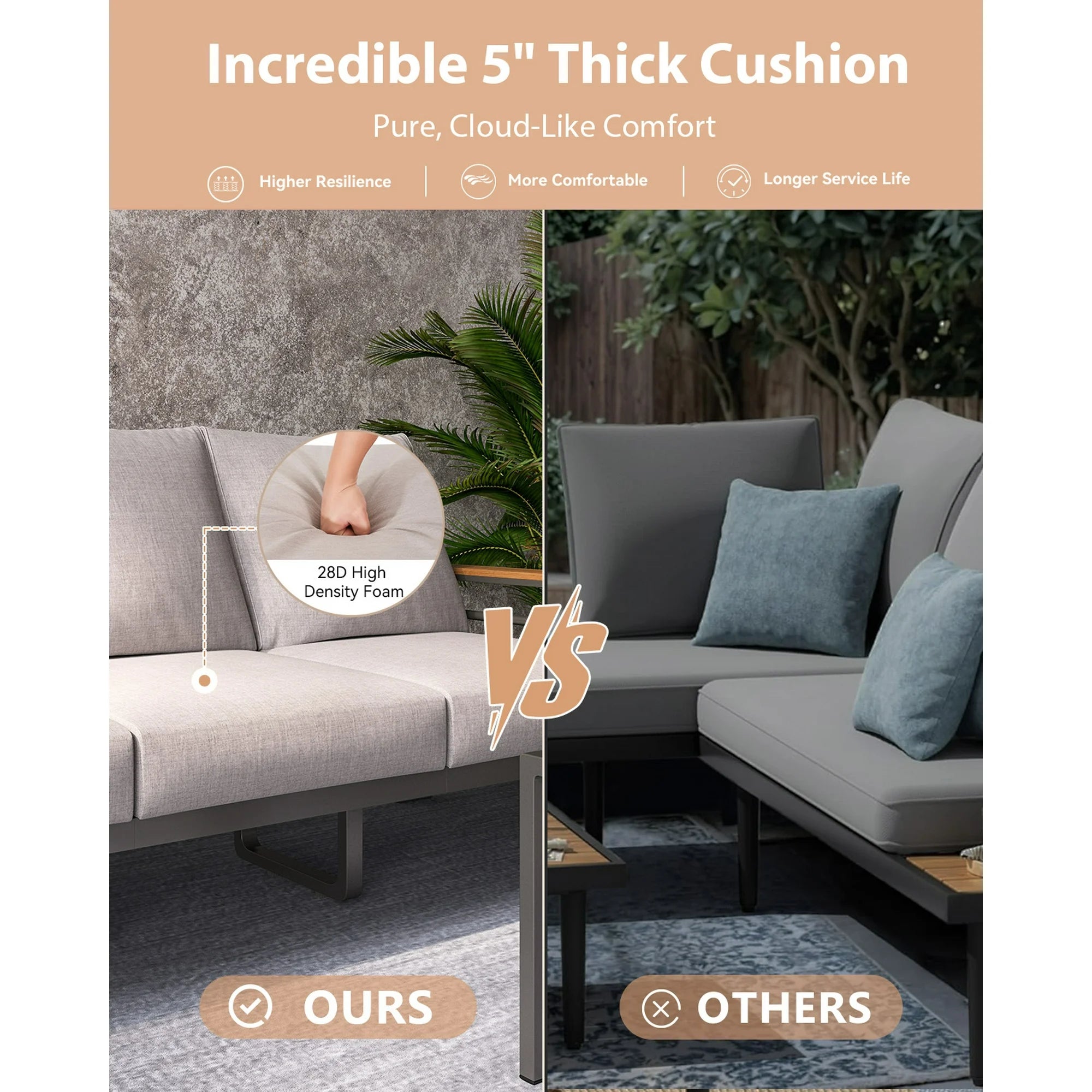 7 Seats Outdoor Patio Sectional Set with Coffee Table & Cushions - Aluminum Furniture for Backyard, Garden, Poolside (Light Grey)