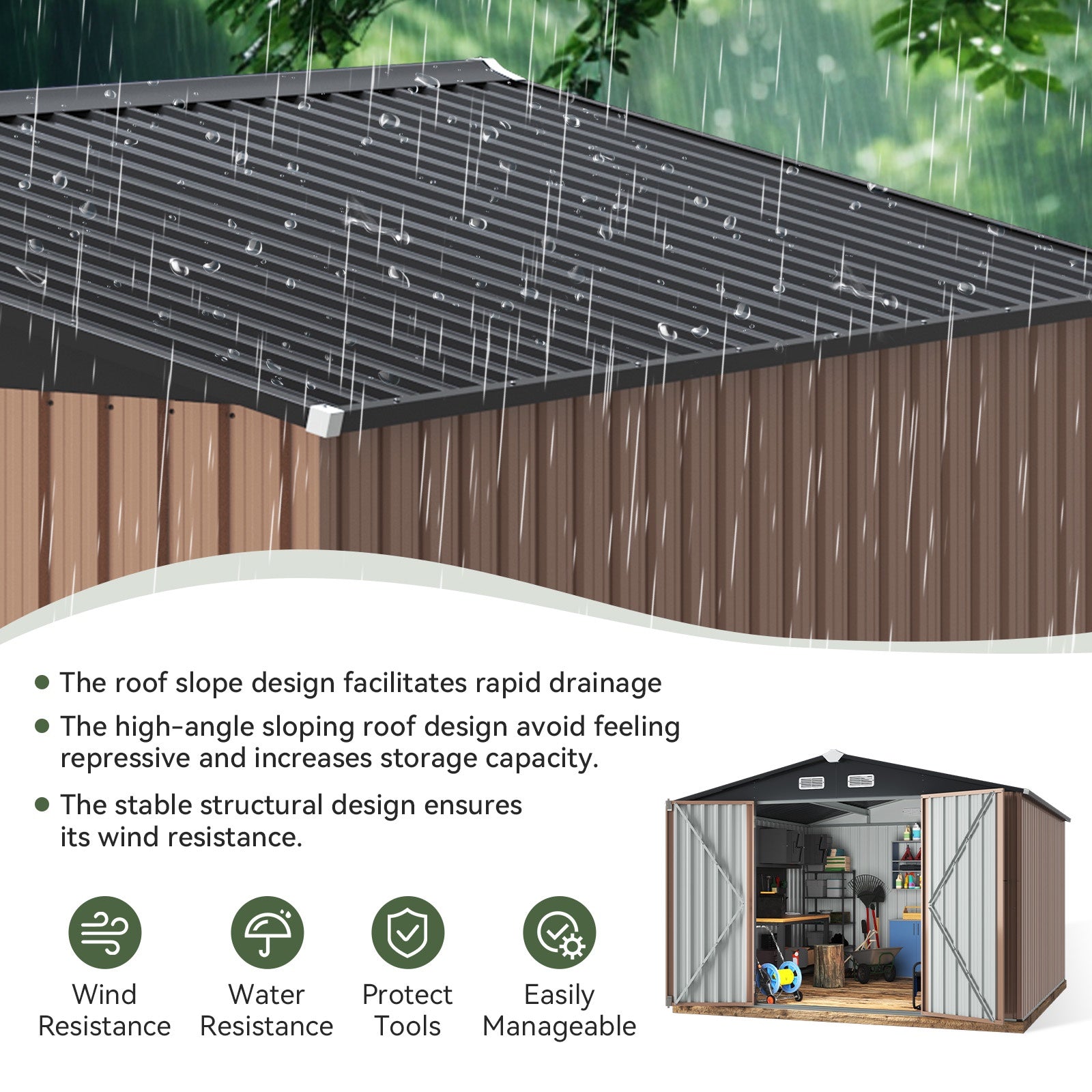 9.5 x 9.5 FT Outdoor Storage Shed, Patio Large Metal Shed with Lockable Door Waterproof Tool Shed for Paio, Lawn, Brown