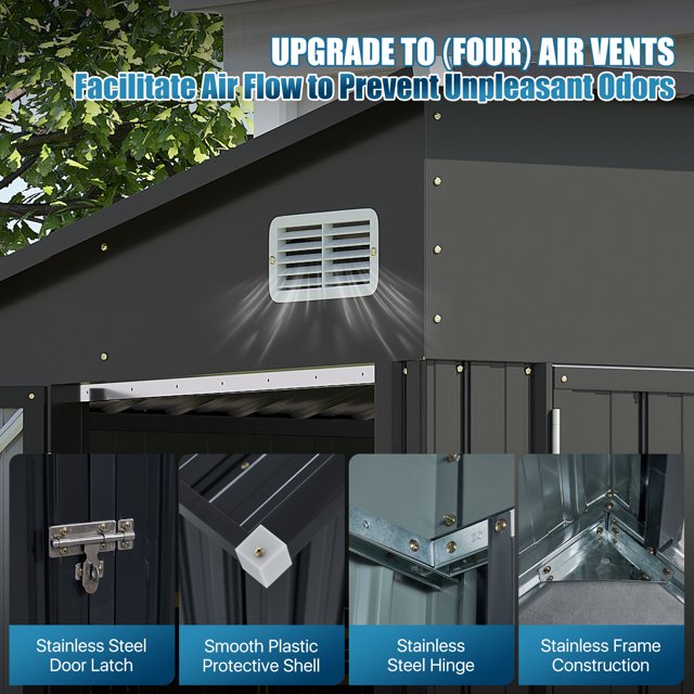 Sunmthink 8' x 4' Metal Storage Shed with Triple Doors, Lockable Lean-to Design & Vents, Black