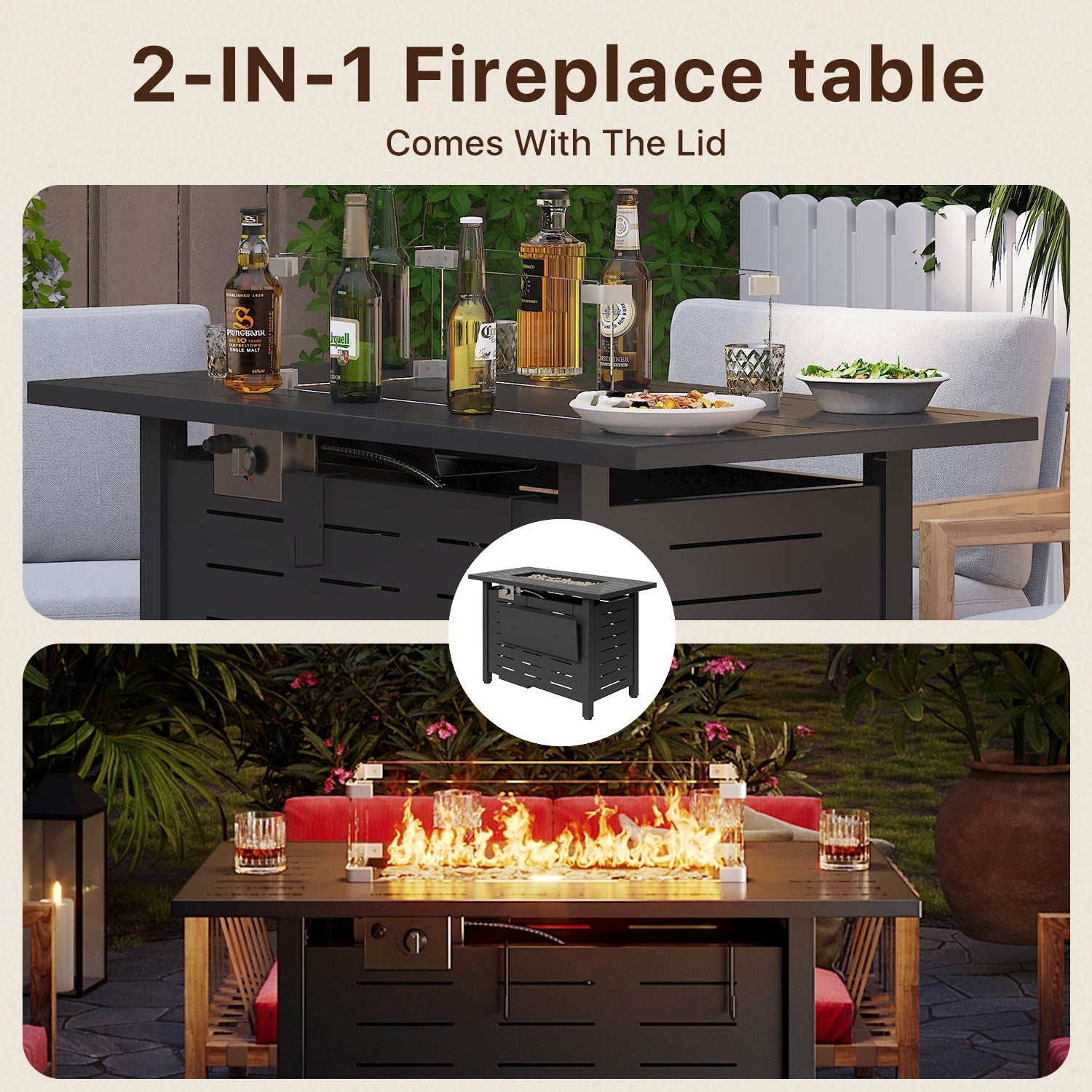 44" Propane Fire Pit Table, 50,000 BTU Auto Ignition Steel Gas Fire Pit with Removable Lid & Waterproof Cover for Patio, Backyard, Black