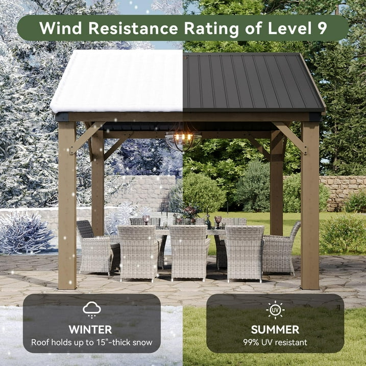 12' x 20' Outdoor Wood Gazebo, Hardtop Gazebo Permanent Wooden Pavilion with Galvanized Steel Gable Roof, for Patio, Garden, Deck, Cedar Wood