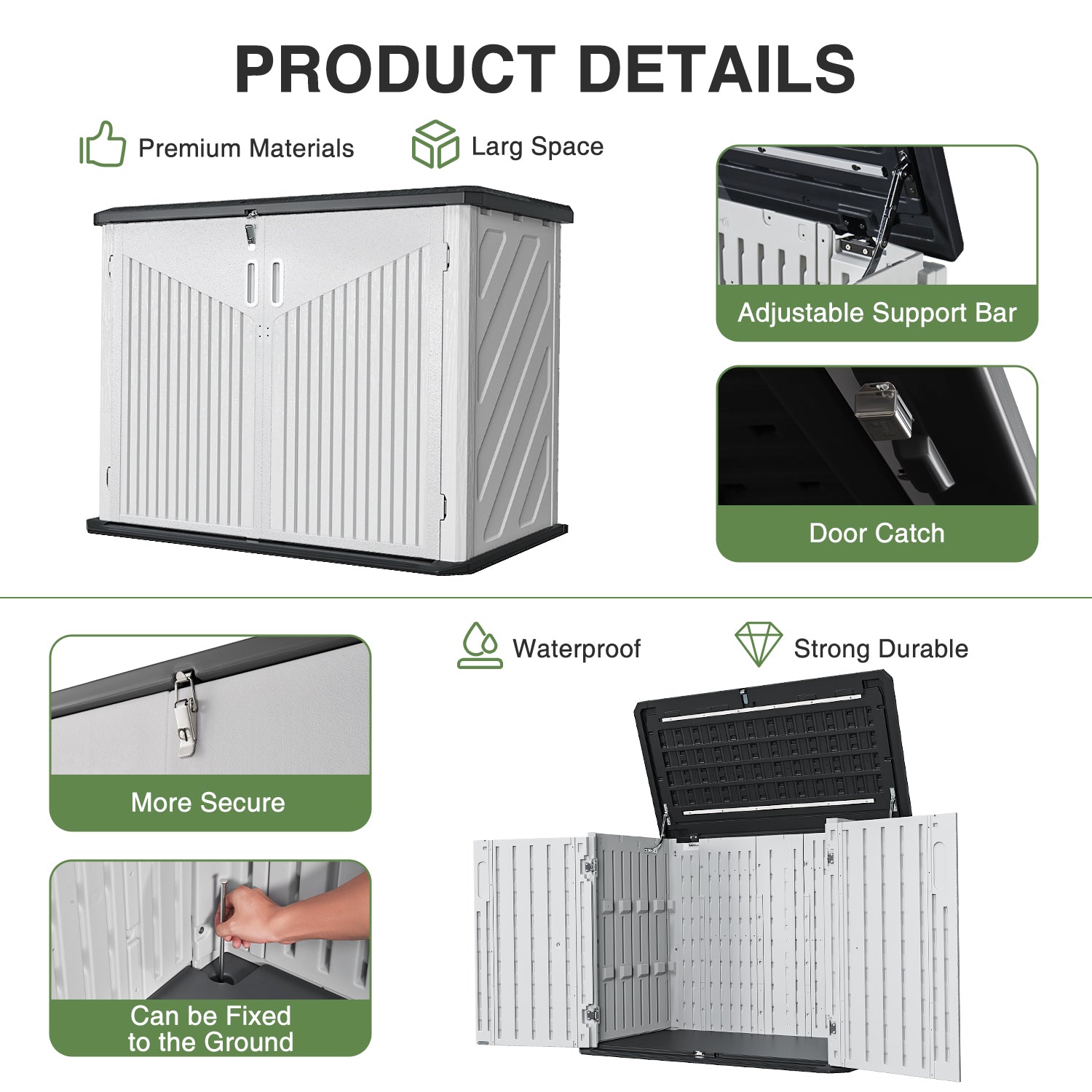 Horizontal Storage Shed 35 Cu.Ft, Outdoor Trash Can Storage Shed Waterproof, Resin,White