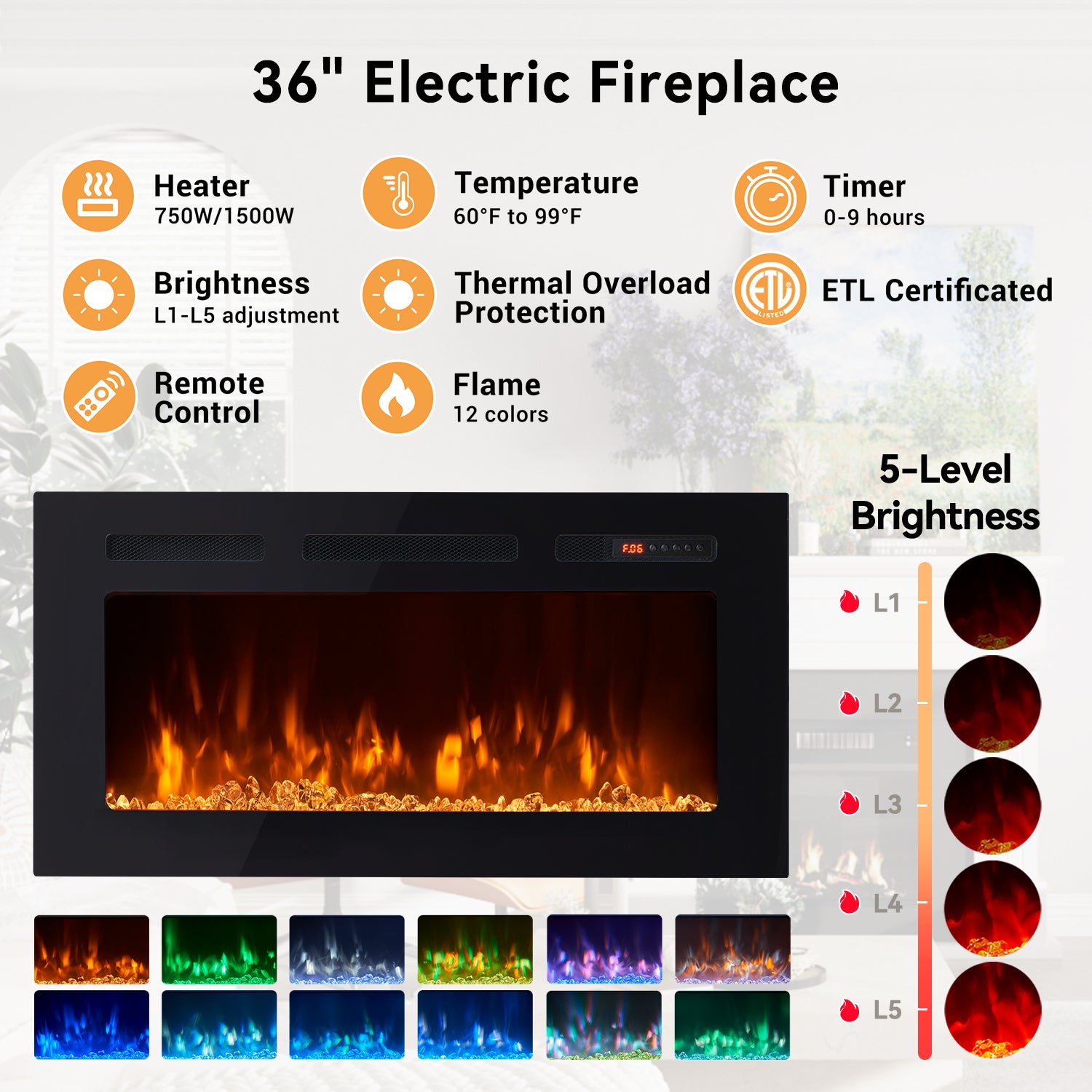 Fireplace TV Stand for TVs up to 80", 70" TV Stand with 36" Electric Fireplace, Entertainment Center with LED Lights, White & Black