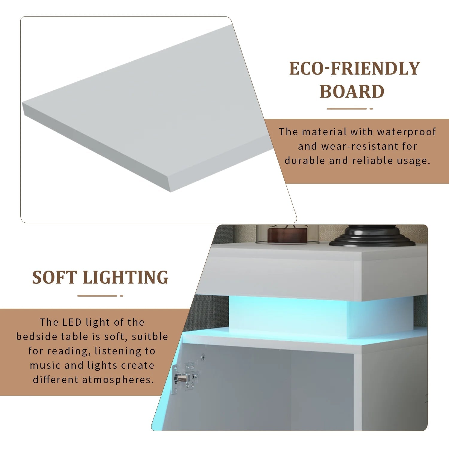 Set of 2 Nightstand, White, with 24 Color LED Lights