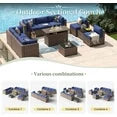 11 Piece Patio Furniture Set with 44” Fire Pit Table Wicker Rattan Outdoor Sectional Sofa Set with Coffee Table and 4” Thickened Cushions, Blue (Waterproof Cover Included)