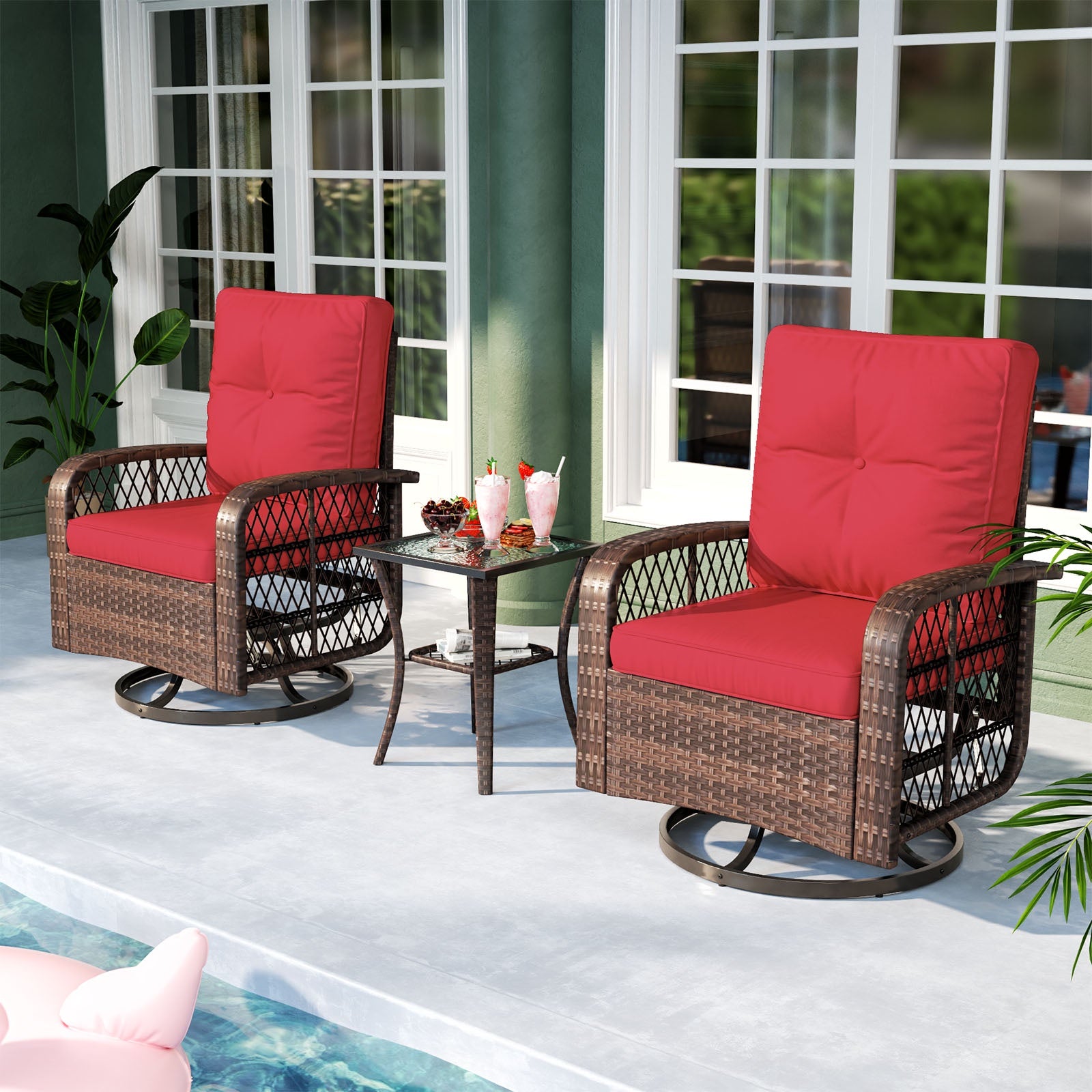 3 Pcs Patio Furniture Set, 360 Degree Swivel Rocking Chairs, Wicker Bistro Set with Glass Top Side Table, Red