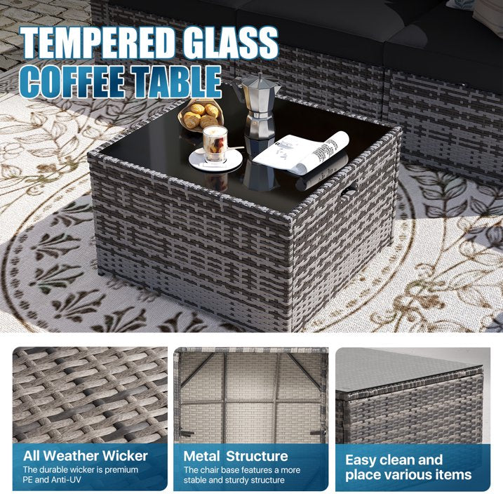 Sunmthink Patio Furniture Sets, 8-Piece Outdoor Patio Furniture with 44'' Propane Gas Firepit Table, Wicker Outdoor Conversation Set and Waterproof Cover for Backyard, Poolside, Garden