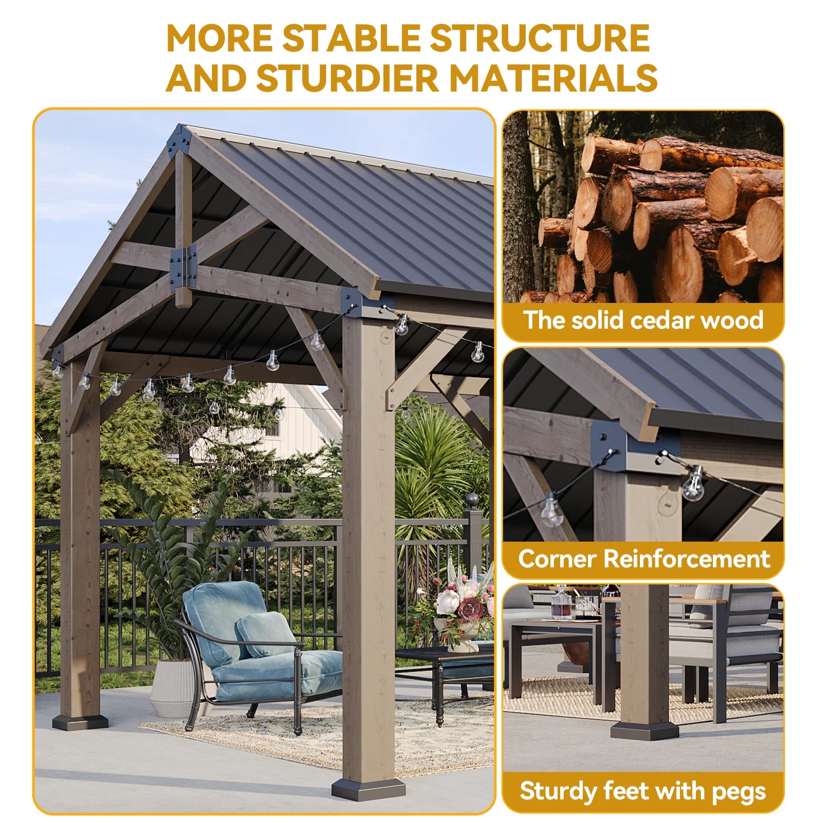 Sunmthink 12' x 20' Outdoor Wood Frame Gazebo, Hardtop Gazebo with Galvanized Steel, Permanent Wooden Pavilion for Patio Backyard Lawn Garden