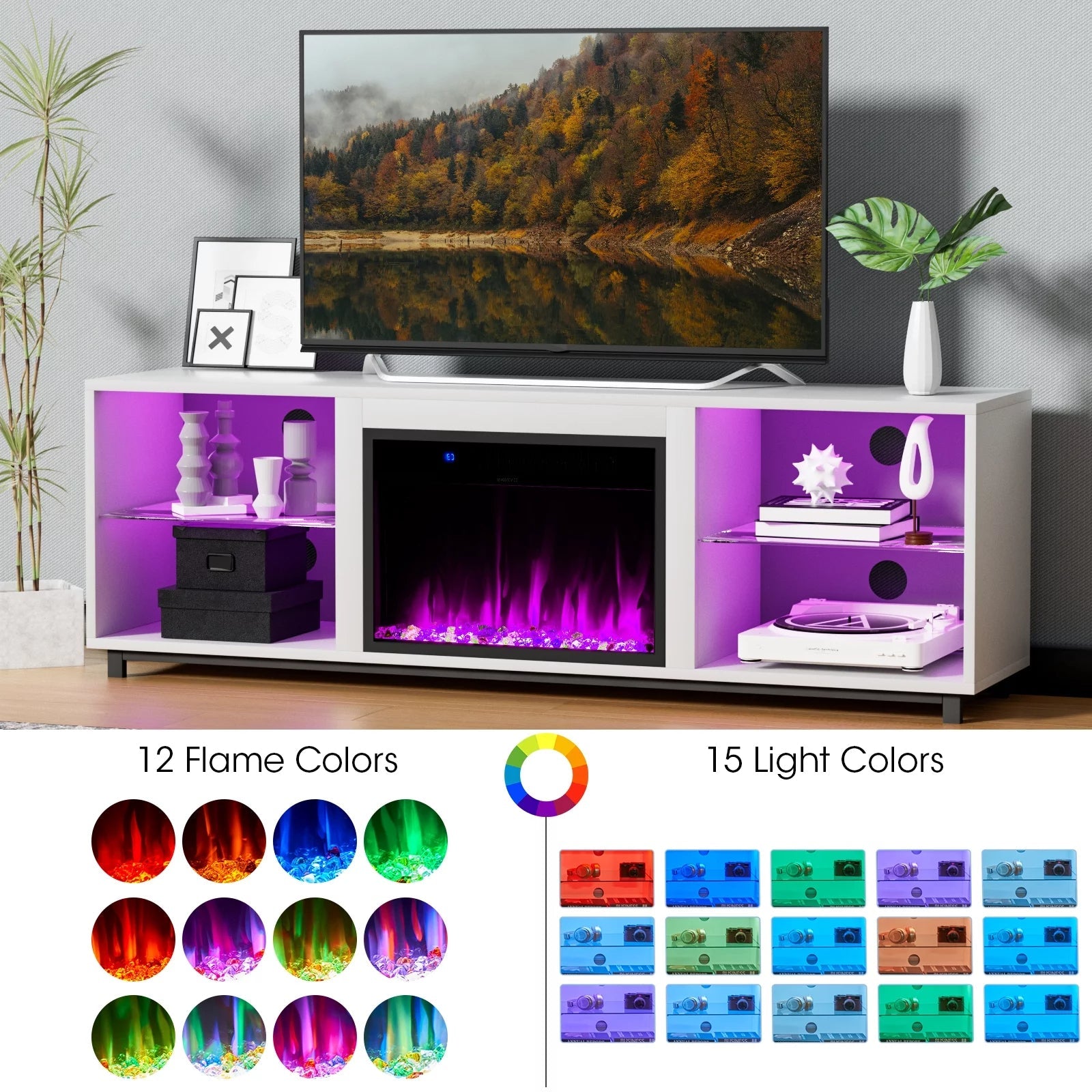 White TV Stand with 23" Fireplace, Entertainment Center for TVs up to 80", with LED Light