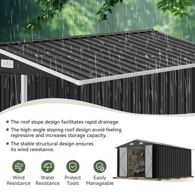 11.9x9.5 ft Outdoor Storage Shed, Galvanized Metal Shed with Lockable Door, Air Vents for Garden, Backyard, Black