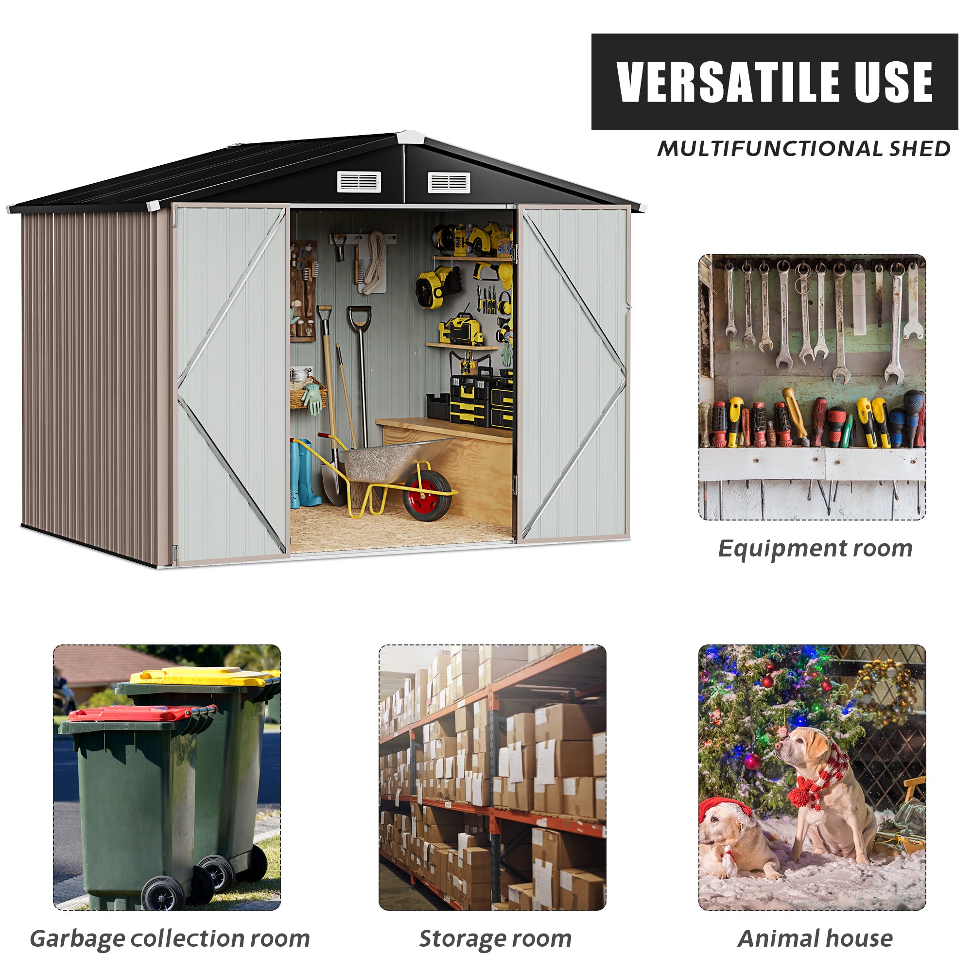 8.5 x 5.6 FT Outdoor Storage Shed, Utility Steel Tool Shed with Lockable Door, Galvanized Metal Shed with Air Vents for Garden, Backyard, Patio, Lawn
