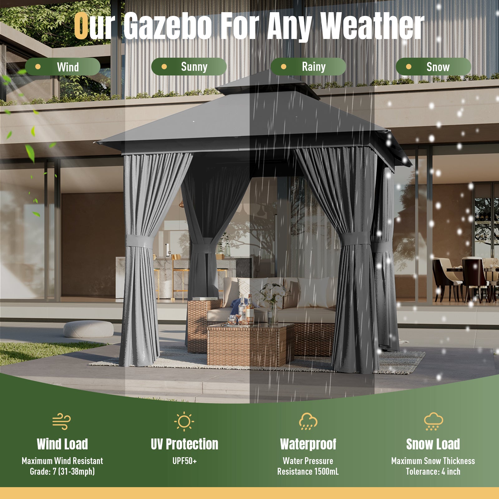 Outdoor Gazebo for Patio 8x8, Metal Frame Canopy with Double Roofs, Heavy Duty Party Tent and Shelter with Mosquito Netting and Privacy Screen for Backyard, Lawn, Garden, Deck (Grey)