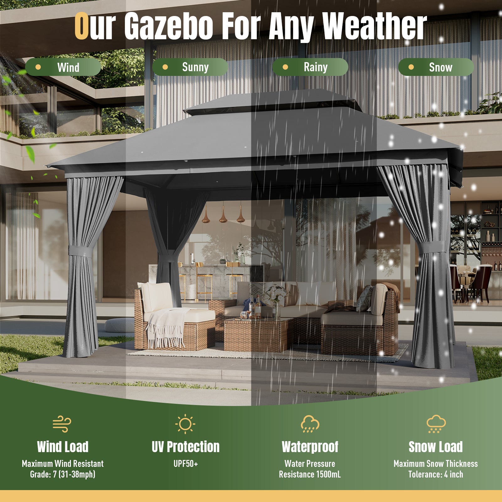 10'x13'Outdoor Gazebo,Double Roofs Metal Frame Canopy With Privacy Curtains For Backyard,Lawn,Garden,Gray