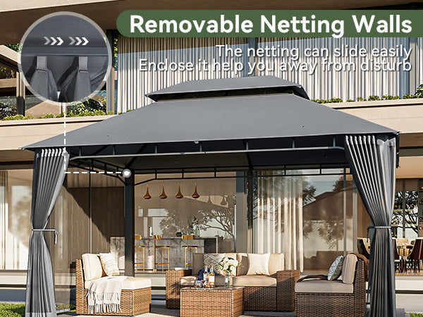 Outdoor Gazebo for Patio 10x13, Metal Frame Canopy with Double Roofs, Heavy Duty Party Tent and Shelter with Mosquito Nettings for Backyard, Lawn, Garden,Gray