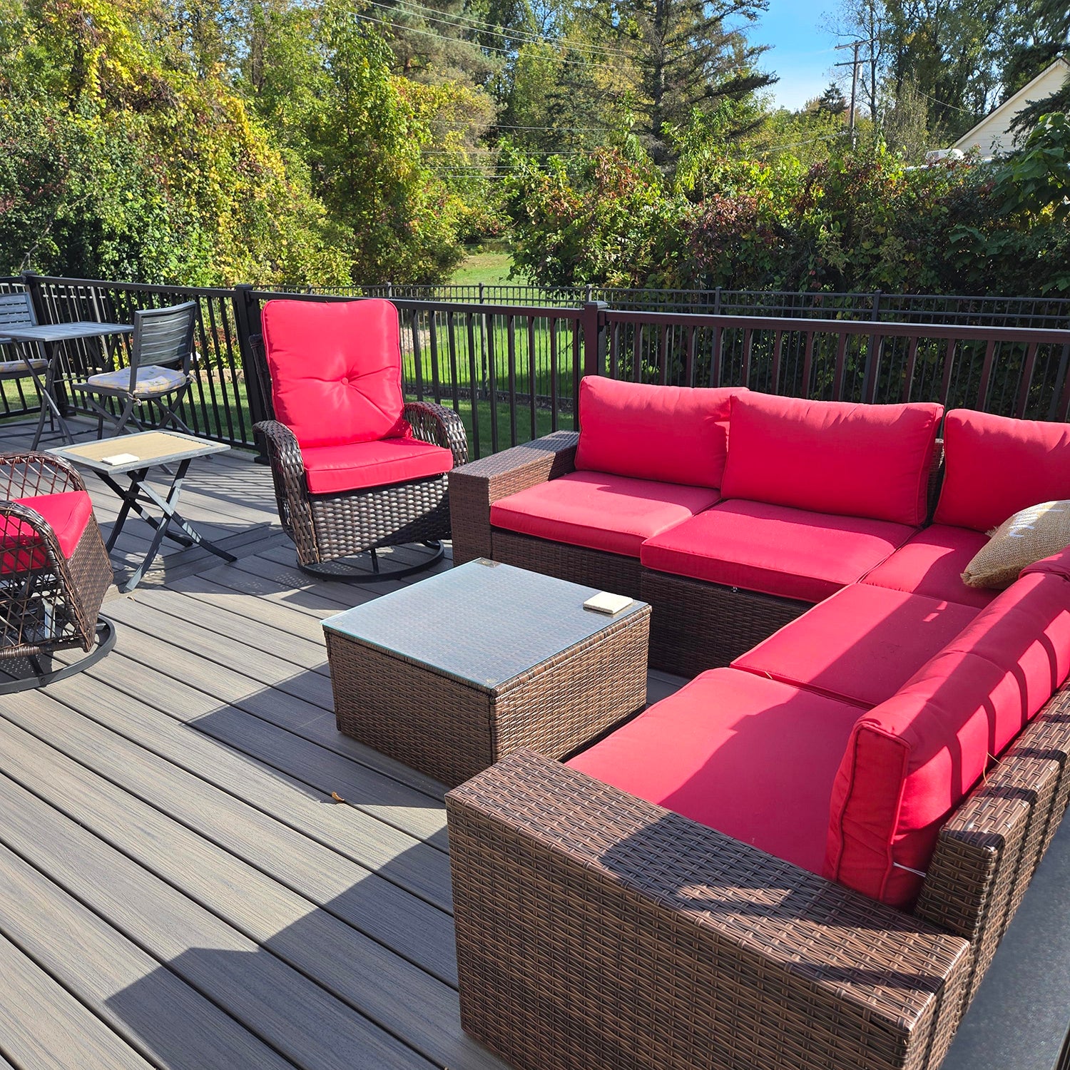 10pcs Patio Conversation Set with Fire Pit Table(Include Waterproof Cover), Outdoor PE Rattan Sectional Sofa Sets with Swivel Chairs for Backyard,Red