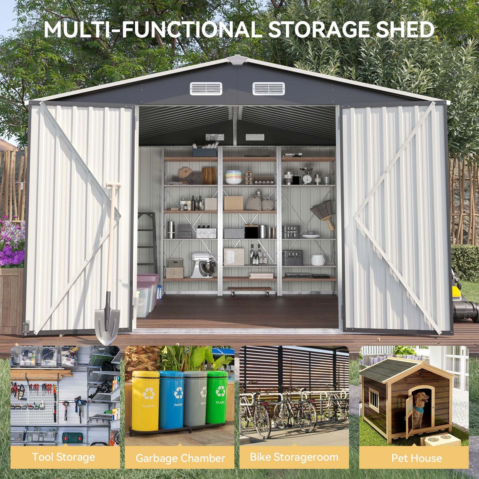 9.6’x 7.8’ Outdoor Storage Shed, Metal Garden Tool Shed with Lockable Door, Galvanized Steel Shed for Backyard, Lawn and Patio, Black