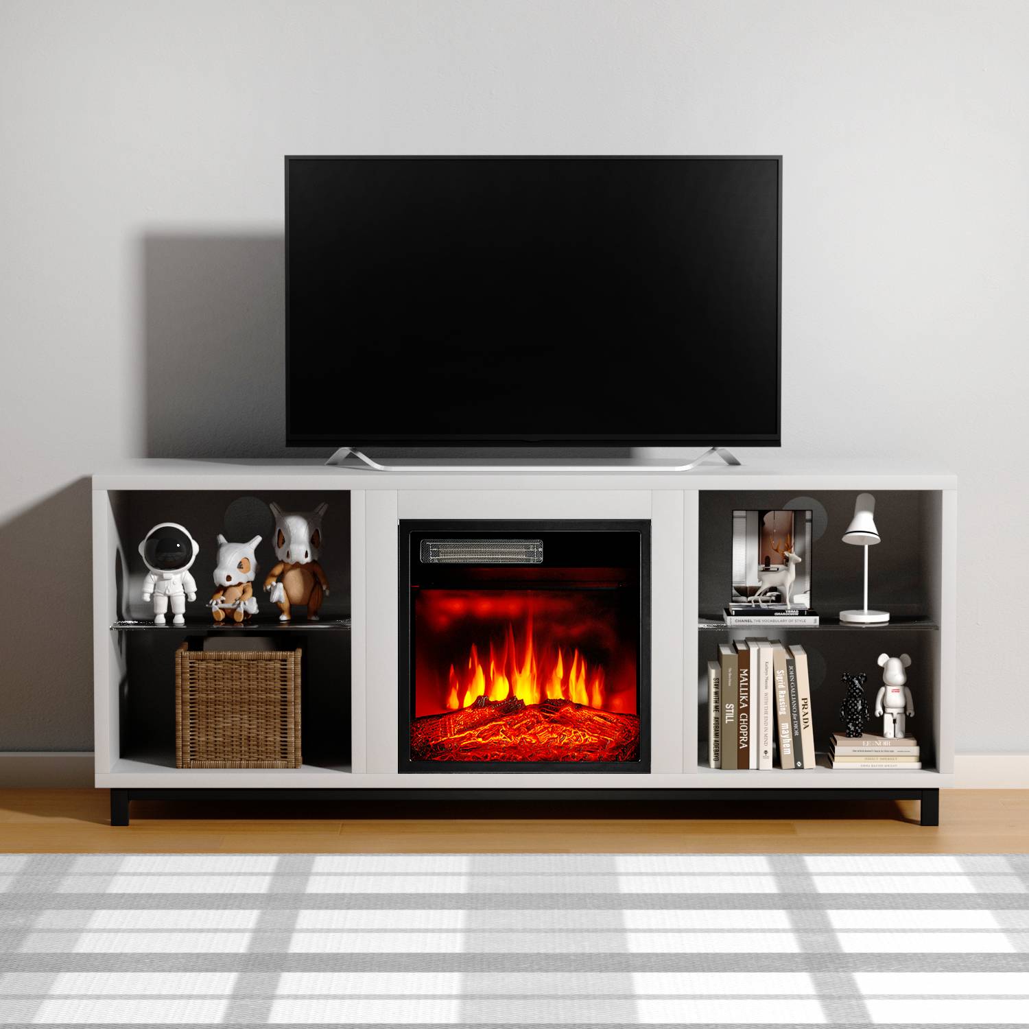 58" TV Stand with Fireplace, Grass Shelves, up to 65" TVs, White