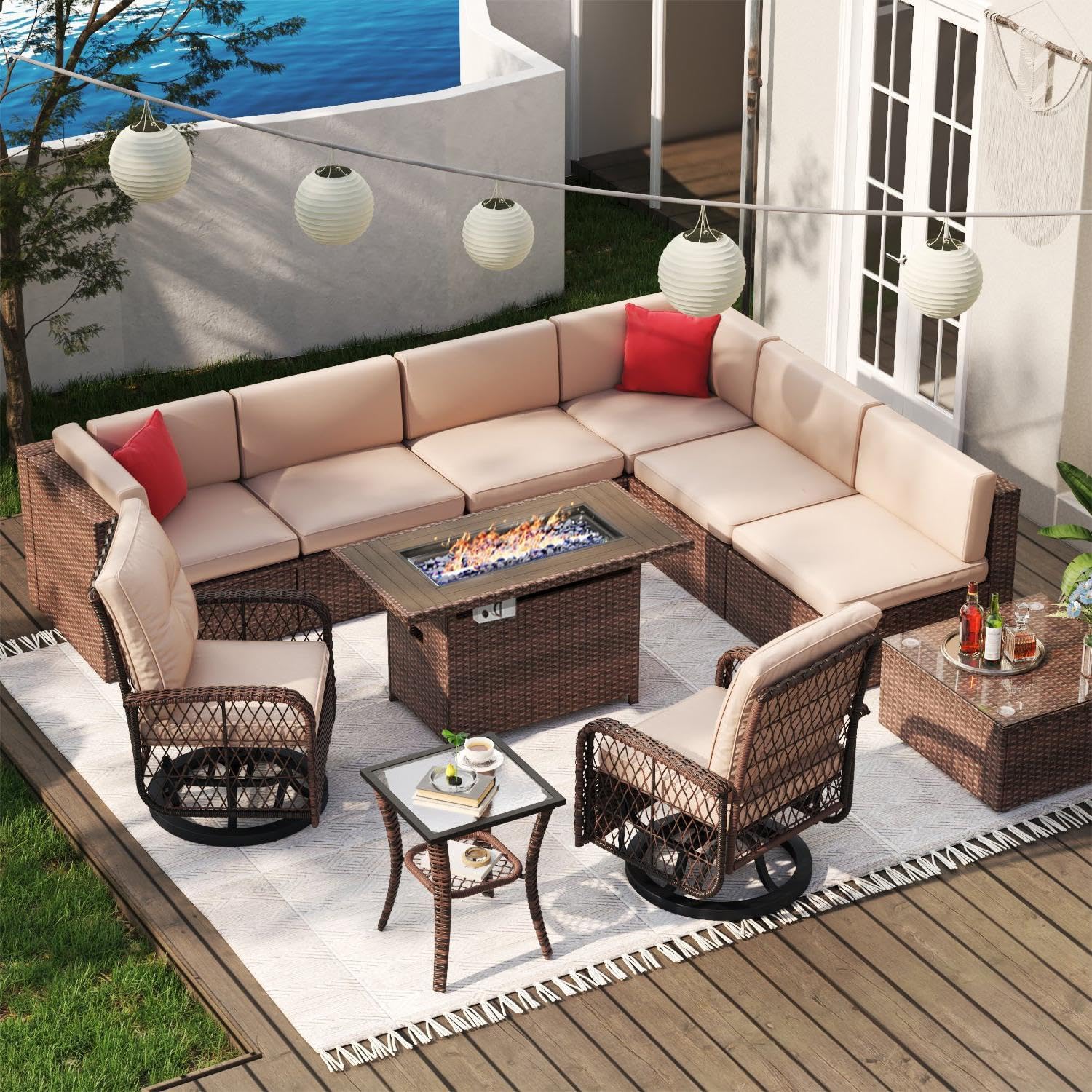 Wicker Patio Furniture Sofa Set with Fire Pit Table