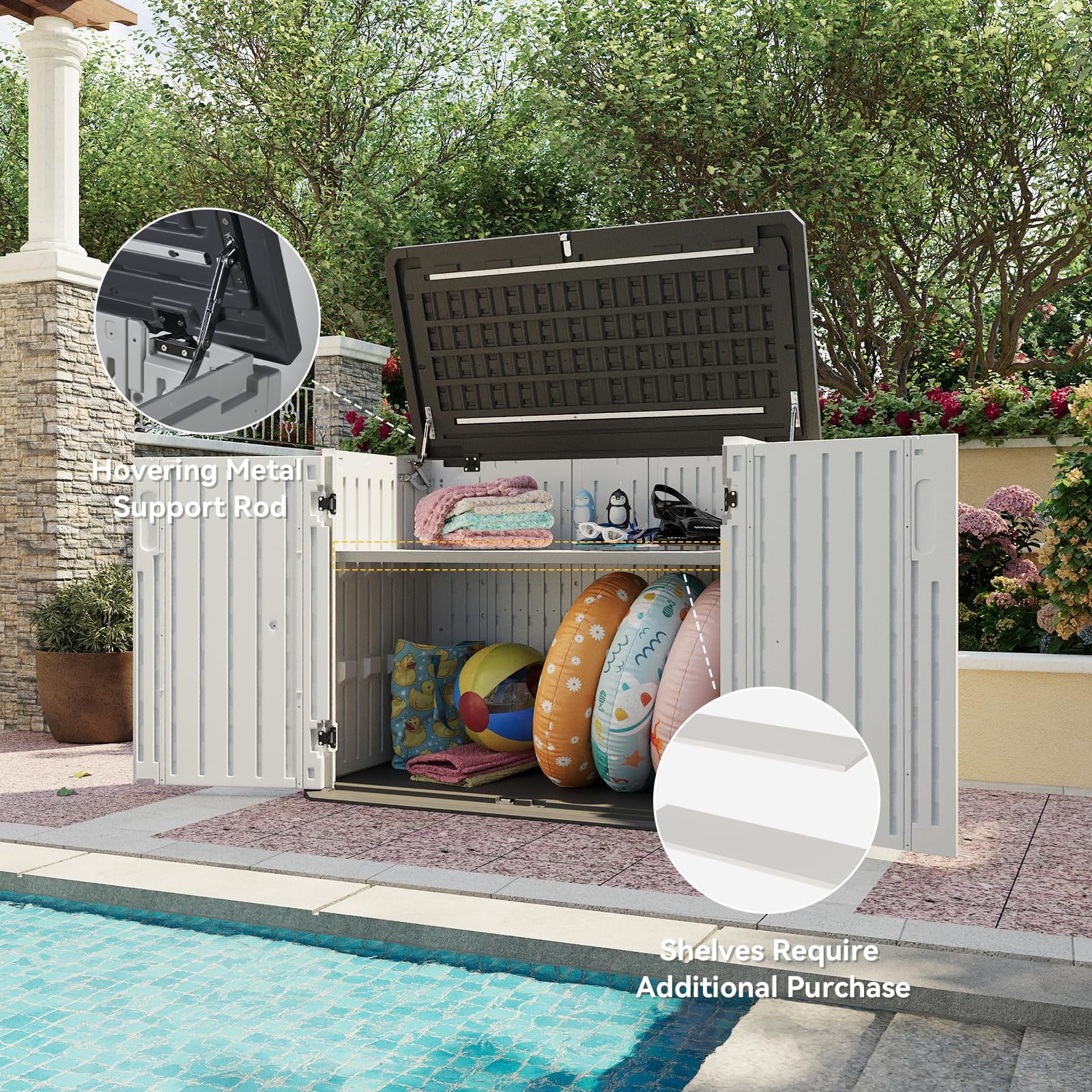 35 Cu.Ft Outdoor Storage Shed, Waterproof Horizontal Resin Cabinet for Trash Cans, Lawn Mowers, Generators, and Garden Tools, White