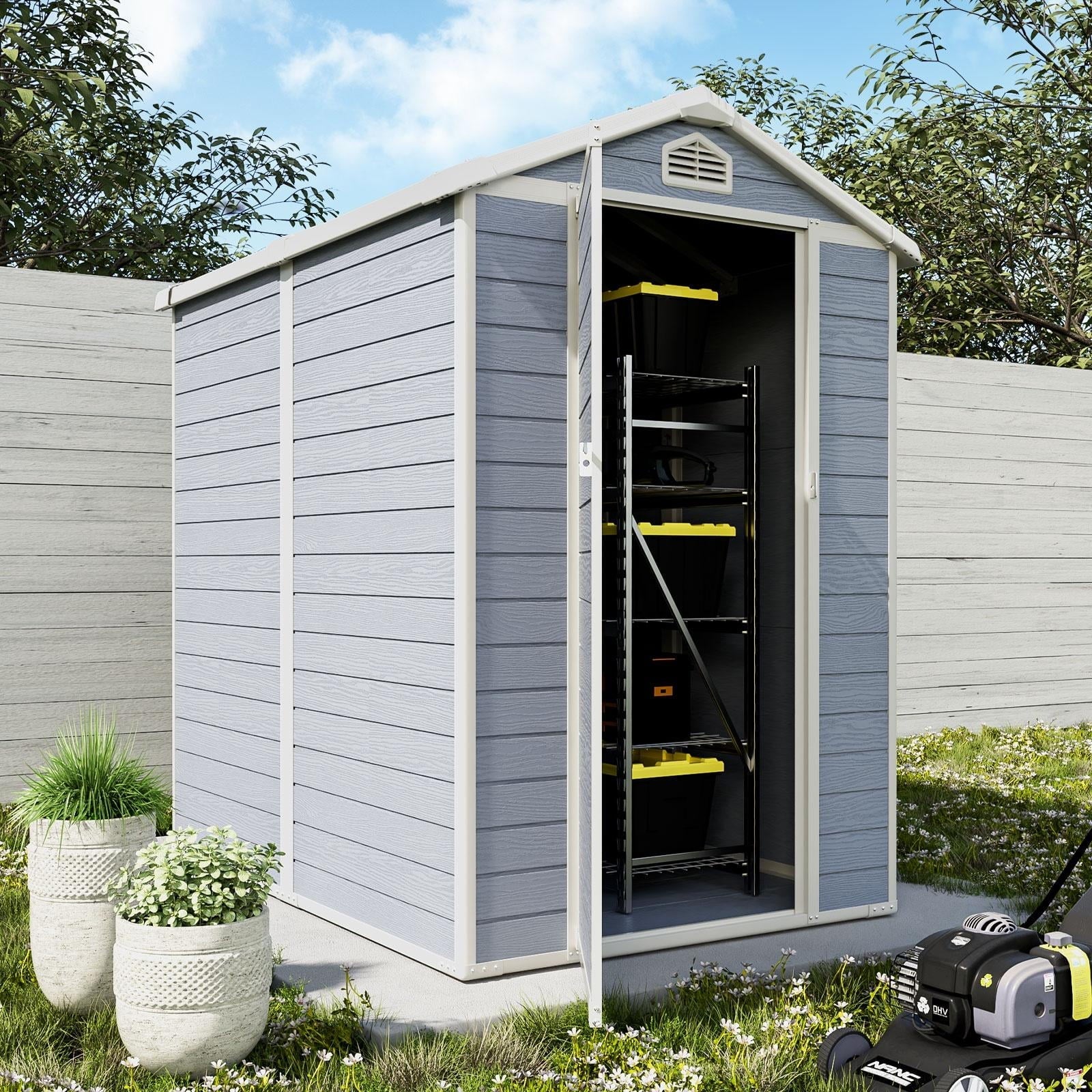 6.3’x4.4’ Resin Outdoor Storage Shed with Base Frame, Plastic Outdoor Sheds with Lockable Door and Window for Backyard, Patio, Lawn