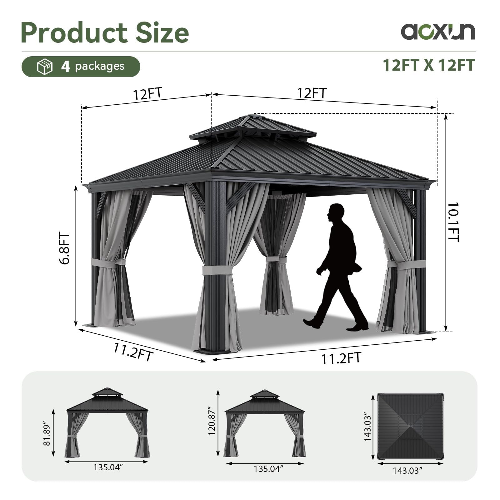 12' X 12' Hardtop Gazebo with Drainage System, Aluminum Outdoor Gazebo with Galvanized Steel Double Roof, Patio Permanent Metal Gazebo Pavilion with Netting, for Garden, Deck, Grey