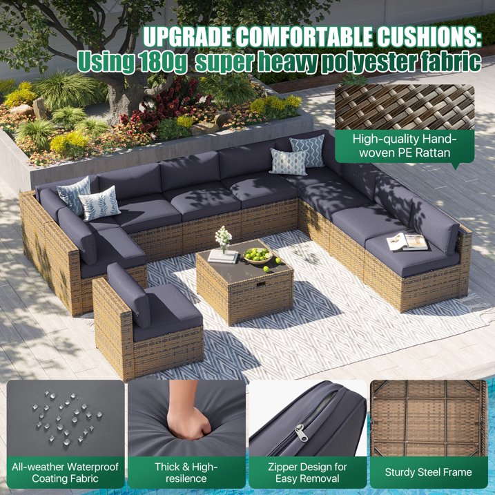 Clouddwell 11 Piece Patio Furniture Set Wicker Rattan Patio Conversation Set Outdoor Sectional Sofa Set with Coffee Table and Gray Cushions(Waterproof Cover Included)