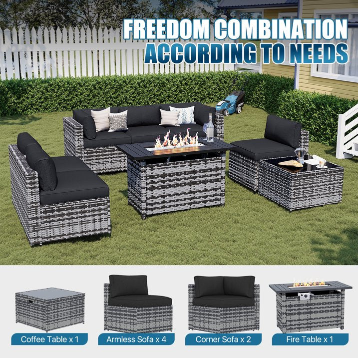 Sunmthink Patio Furniture Sets, 8-Piece Outdoor Patio Furniture with 44'' Propane Gas Firepit Table, Wicker Outdoor Conversation Set and Waterproof Cover for Backyard, Poolside, Garden