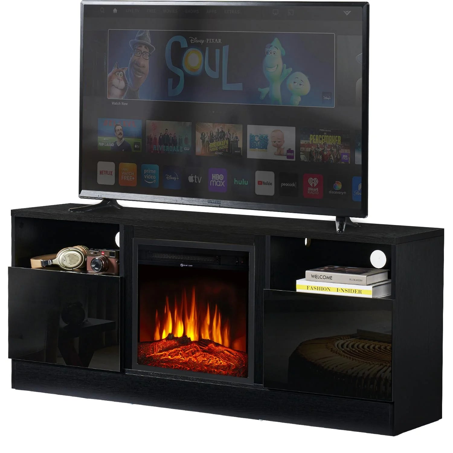 TV Stand with Fireplace for TVs up to 65", 58" Fireplace TV Stand, Entertainment Center with Fireplace for Living Room, Bedroom, Black