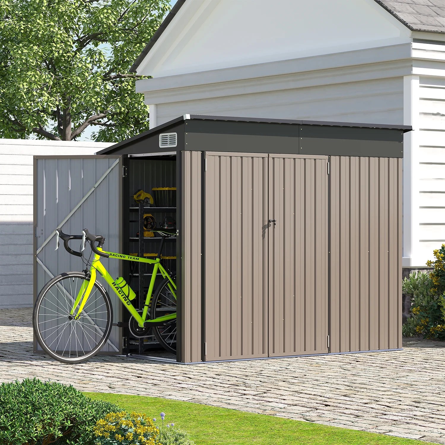 Sunmthink 8' x 6' Metal Storage Shed with Triple Doors, Lockable Lean-to Design & Vents, Brown