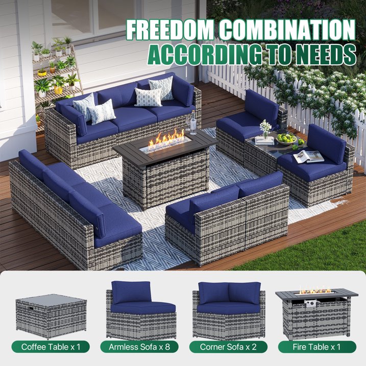 Clouddwell 12 Piece Patio Furniture Set with 44” Fire Pit Table Wicker Rattan Patio Conversation Set Outdoor Sectional Sofa Set with Coffee Table and Blue Cushions(Waterproof Cover Included)