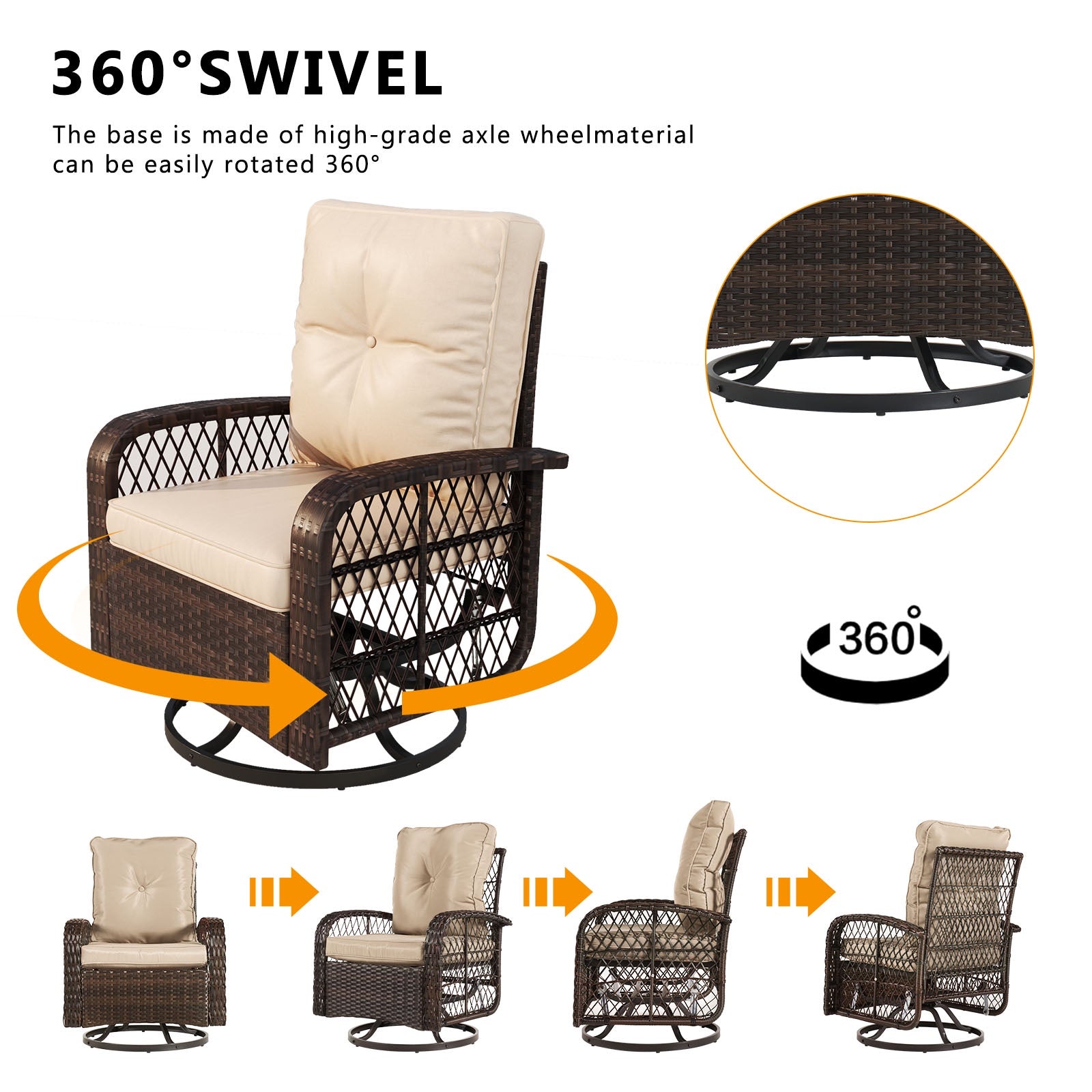 3 Pcs Patio Furniture Set, 360 Degree Swivel Rocking Chairs, Wicker Bistro Set with Glass Top Side Table, Beige