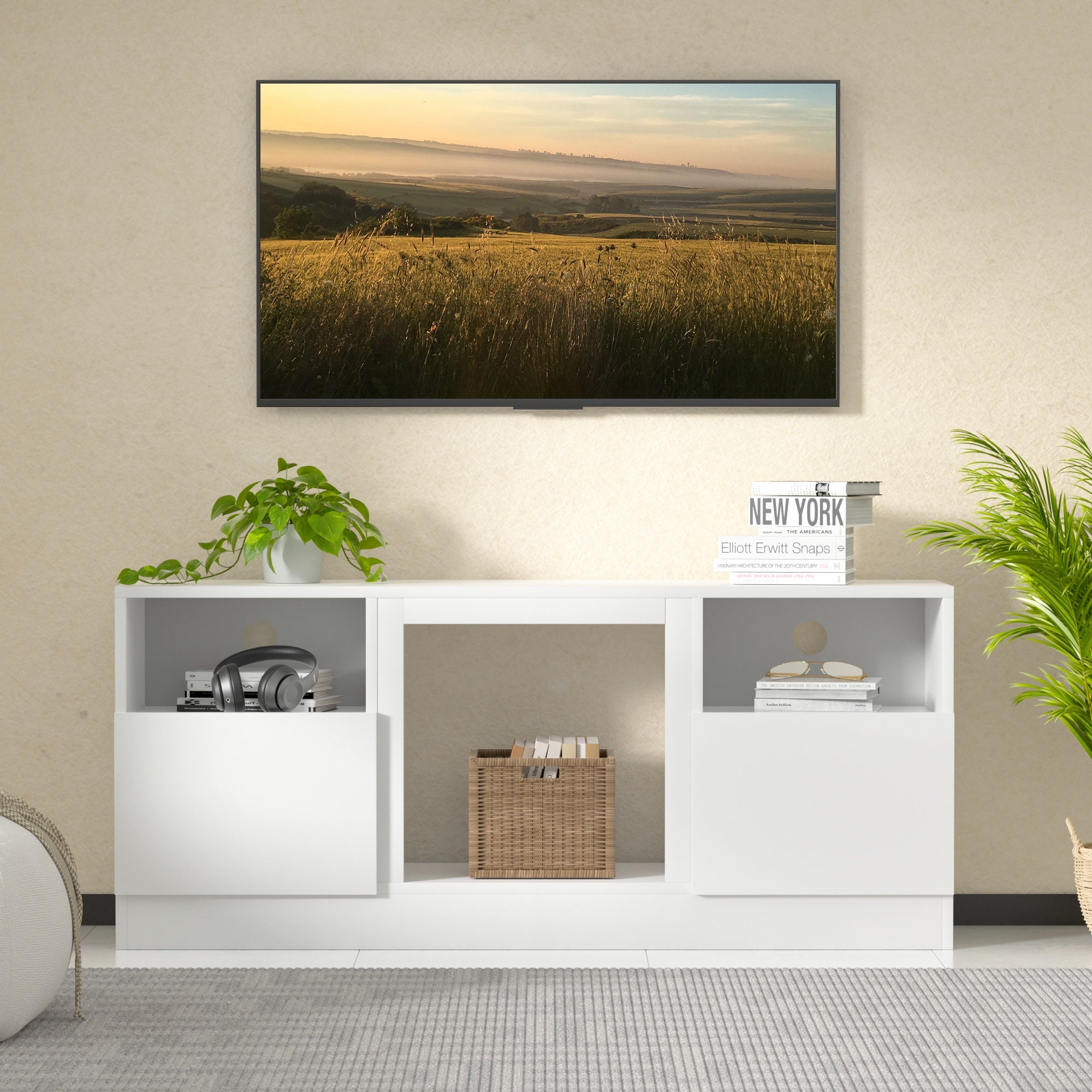 58" TV Stand for TVs up to 65", Entertainment Center with LED Highlight Storage Cabinet for Living Room, Bedroom, White