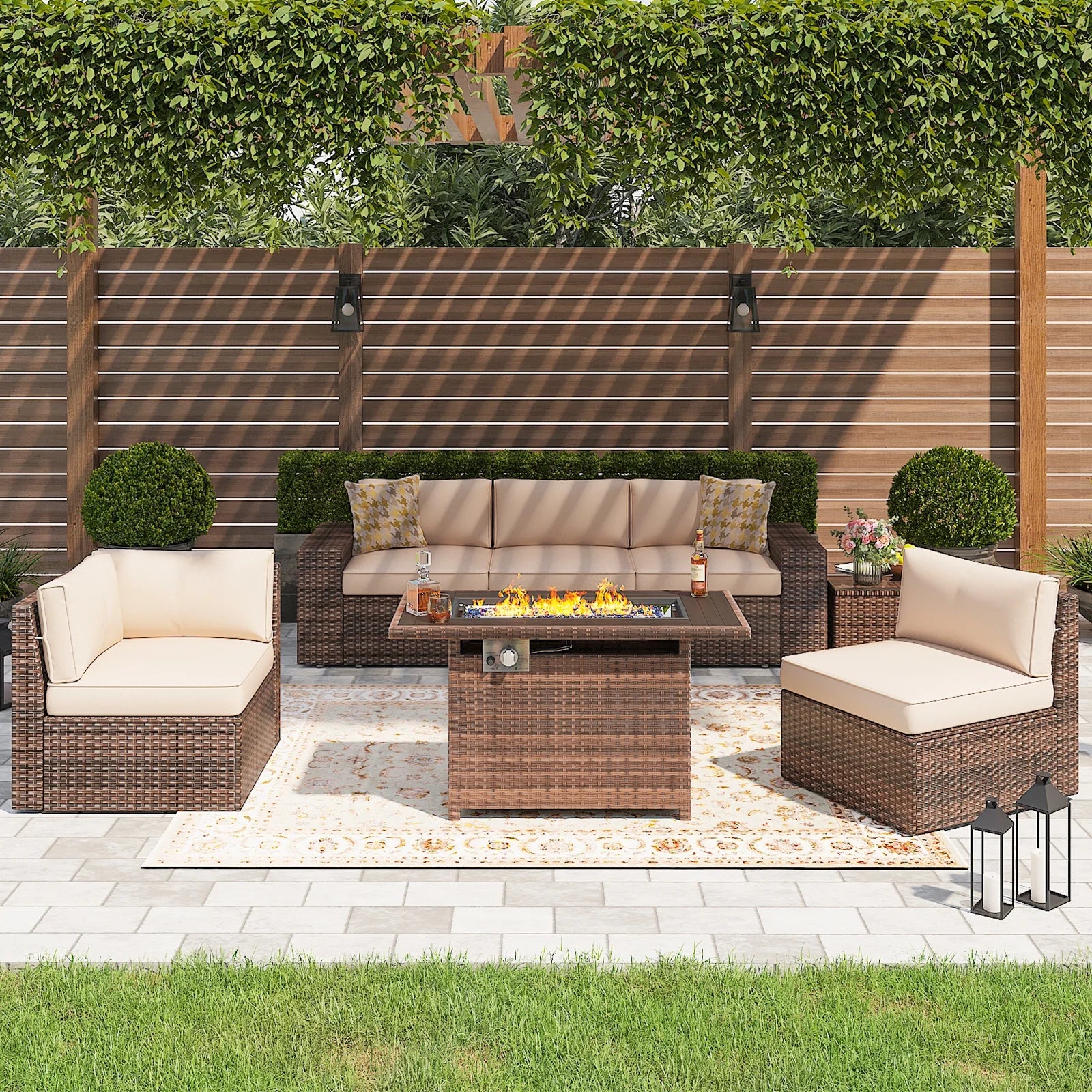 7 Pieces Outdoor Patio Furniture Sets with 44'' Fire Pit Table, PE Rattan Wicker Sectional Sofa with Coffee Table for Lawn, Backyard,Balcony, Beige