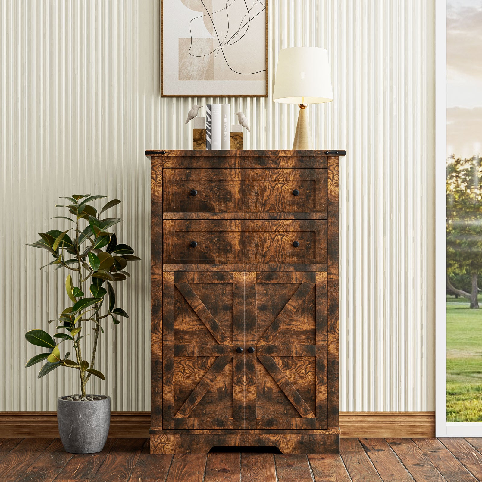 Farmhouse Sideboard Buffet Cabinet, Wooden Accent Cabinet Kitchen Cabinet with Drawers and Adjustable Shelf, Brown