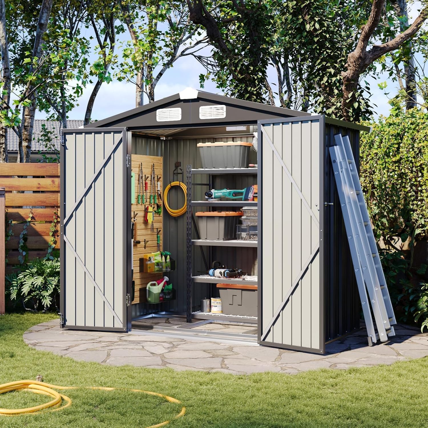 Aoxun 6' x 4' Outdoor Metal Storage Shed with Galvanized Steel Base, Heavy-Duty Garden Tool Shed for Patio, Lawn, and Garden, Black