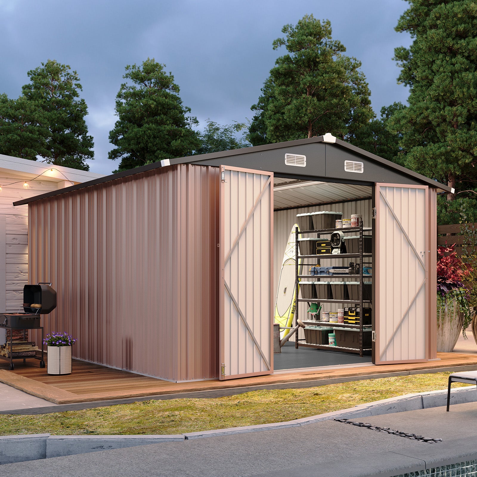 Aoxun 10x12FT Shed with Floor Galvanized Steel Outdoor Storage Shed (Brown) Metal Garden Shed with Double Doors, Moisture-Proof Floor & Ventilation, Sloped Roof for Garden, Patio, Backyard